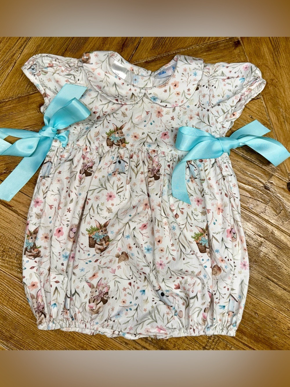 Lulu Bebe 12M Easter Bunny Floral Bubble Romper Peter Pan Collar Blue Bows